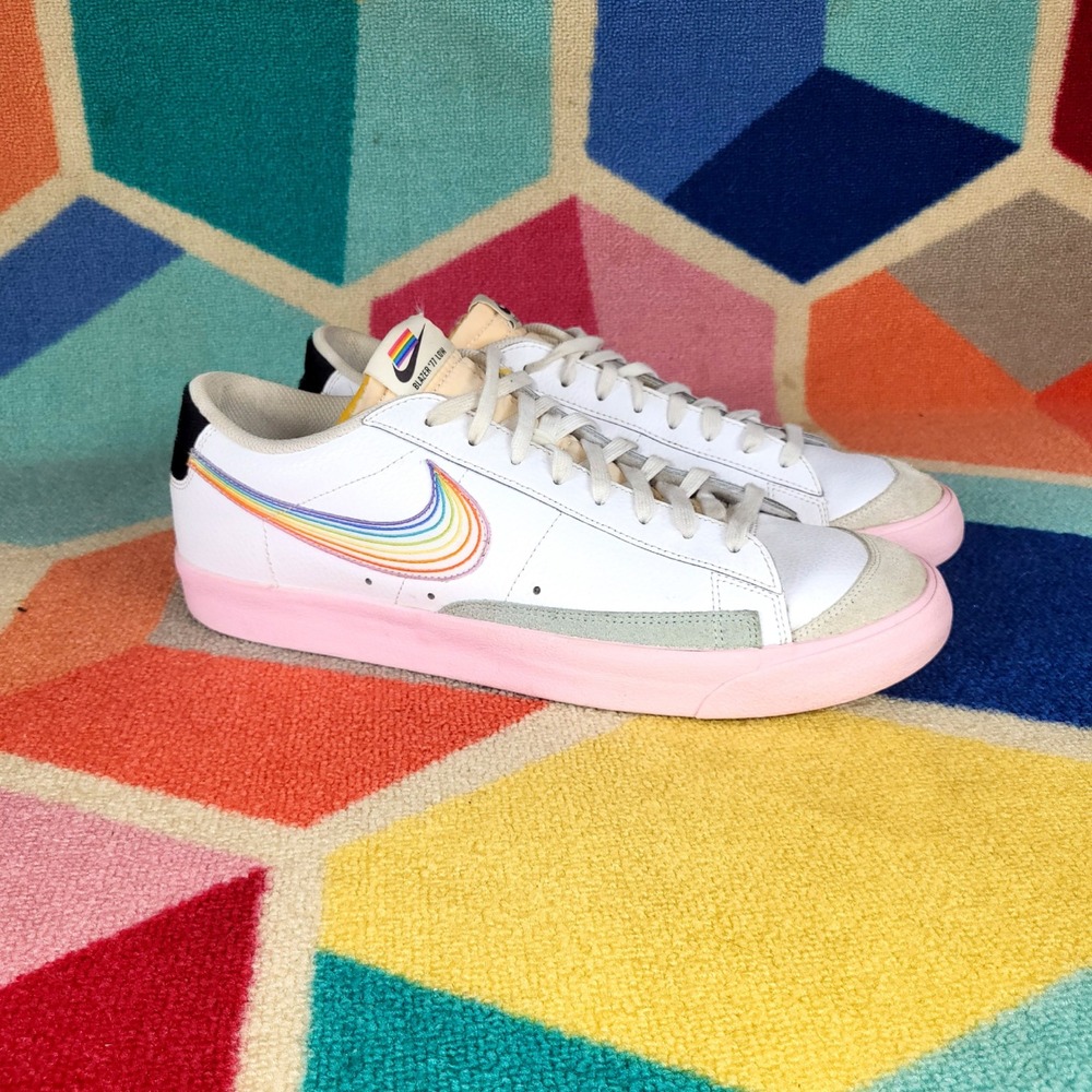Nike‎ Blazer Low 77 Low Be True Rainbow Swoosh Pink Sole White Sneakers Size 14